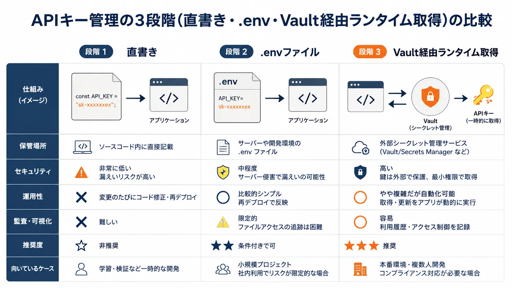 APIキー管理の3段階(直書き・.env・Vault経由ランタイム取得)の比較