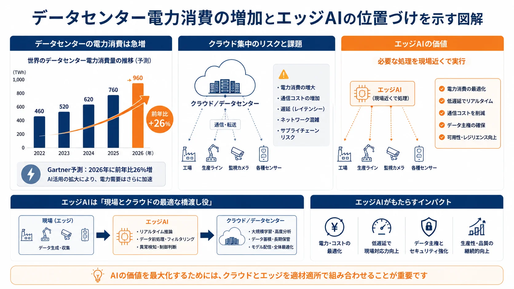 データセンター電力消費の増加とエッジAIの位置づけを示す図解