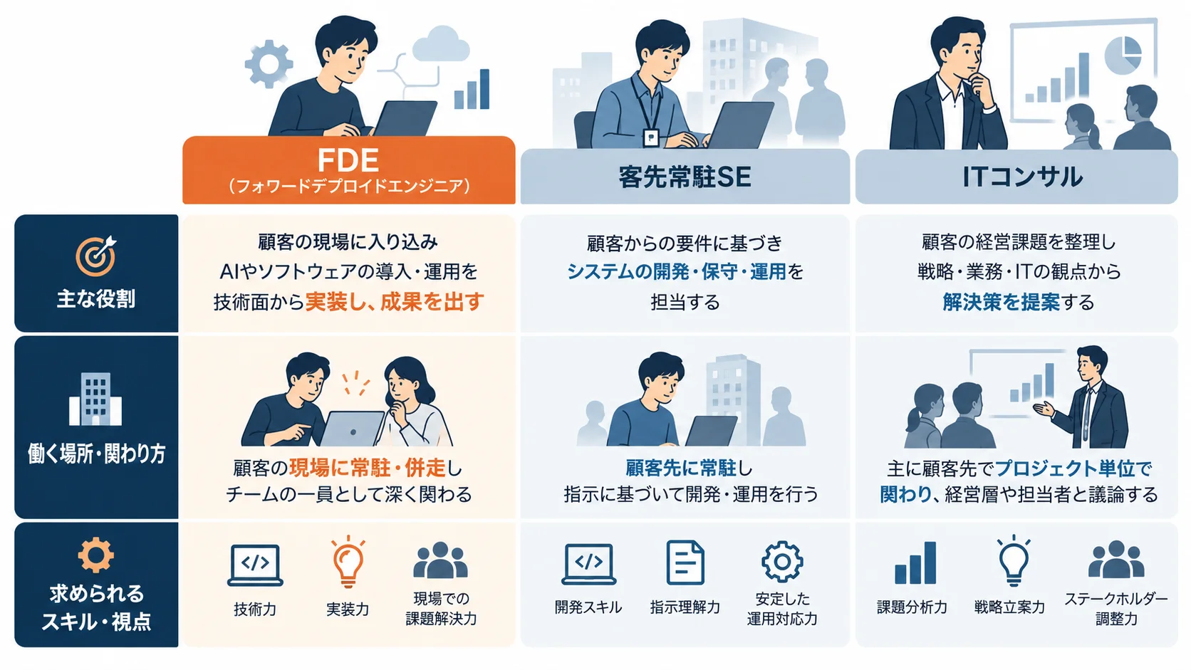 FDE・客先常駐SE・ITコンサルの違いを「主な役割」「働く場所・関わり方」「求められるスキル・視点」の3軸で比較した図解